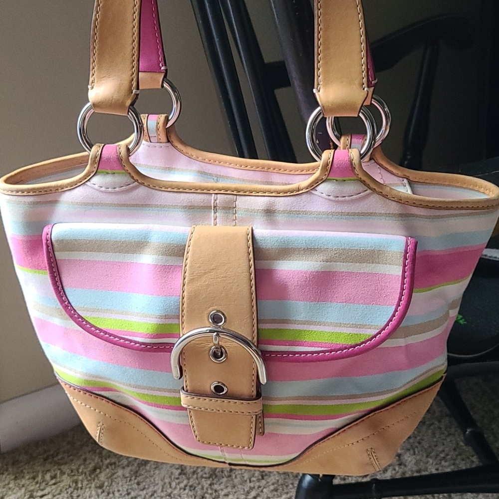 Coach Striped Flap Satchel Handbag